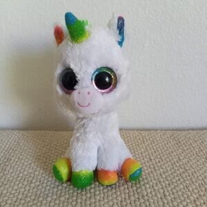 TY Pixy Unicorn TySilk Beanie Boo White Rainbow 7" Large Sparkle Glitter Eyes